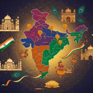 A majestic digital illustration showcasing India's landscape through a stylized map, rendered in rich Madhubani art style with modern elements. The map floats above a mystical golden mandala background, with each state depicted in distinct jewel tones - deep sapphire, royal purple, emerald green, and sunset orange. Major capital cities are represented by intricate, glowing golden lotus flowers of varying sizes. The borders between states are decorated with traditional Indian patterns in metallic gold. Around the map, ethereal architectural elements float representing iconic landmarks - the Taj Mahal, Charminar, Gateway of India, and Victoria Memorial - each emitting a soft, divine light. Swirling peacock feathers and flowing ribbons in the national flag colors connect different regions. Small, detailed motifs of state-specific cultural elements (classical dancers, traditional instruments, native wildlife) are delicately woven throughout. The scene is illuminated by a warm, celestial glow, with subtle light rays emerging from the capital markers. Modern gradient effects blend with traditional art patterns, while scattered light particles create a magical atmosphere. The composition maintains perfect symmetry with a central focal point, surrounded by an aura of deep indigo and gold.