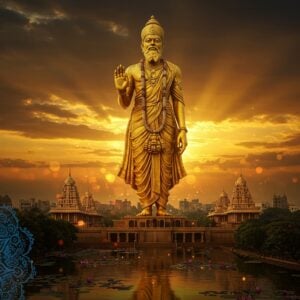 A colossal, hyper-realistic statue of Sri Ramanuja emerges against a dramatic sunset sky, rendered in rich gold and saffron hues. The 216-feet tall statue stands majestically in meditation pose, wearing traditional acharya robes with intricate Madhubani-style patterns. His face radiates divine serenity with eyes showing compassion. The statue is surrounded by a magnificent temple complex featuring modern architectural elements blended with traditional Dravidian style. In the foreground, detailed mandala patterns in peacock blue and deep maroon float ethereally, representing his philosophy of equality. Soft, glowing orbs of light scatter around the statue, symbolizing spiritual enlightenment. The scene includes subtle references to his teachings - a lotus-adorned pond reflecting the statue, representing universal accessibility to spirituality. The background features a modern cityscape of Hyderabad seamlessly merging with traditional temple architecture. The lighting creates a dramatic interplay of light and shadow, with golden hour sunrays creating a divine aura around the statue. The overall composition combines photorealistic rendering with mystical elements, creating a sense of timeless wisdom meeting contemporary relevance.