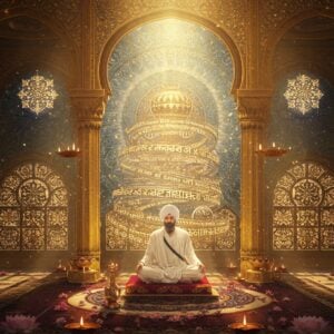 A serene Sikh devotee in pristine white kurta-pajama meditating in a mystical golden chamber, illuminated by rays of divine light streaming through ornate Persian-style arched windows. Traditional Gurmukhi patterns and motifs float ethereally in the light beams. The central figure sits on an intricately carved wooden platform with a deep maroon cushion, surrounded by floating lotus flowers in soft pastels. Multiple translucent layers of golden sacred verses from Sukhmani Sahib spiral around the meditation space in a 3D helix pattern. The background features a massive, detailed mandala in peacock blue and gold, softly glowing. Floating oil lamps with gentle flames create a circle of light around the meditating figure. The atmosphere is filled with subtle particles of light, creating a dreamlike ambiance. The art style combines digital hyperrealism with traditional Indian miniature painting techniques, emphasizing the spiritual and peaceful nature of the scene. Rich jewel tones of saffron, deep blue, and gold dominate the color palette, cinematic lighting, 8k quality