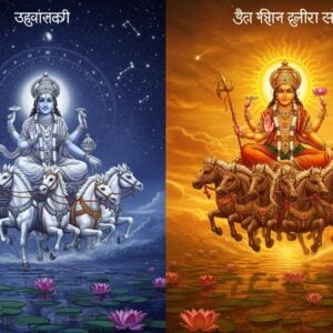 A majestic split-screen cosmic composition showing Surya and Chandra in divine forms. On the right, Surya rides his seven-horse chariot through a golden dawn sky, holding lotus flowers in two hands, wearing a brilliant crown radiating sunbeams, adorned in deep red and gold armor with intricate Madhubani patterns. His aura emanates warm saffron light. On the left, Chandra appears serene in silver-white robes with peacock blue accents, riding his chariot pulled by ten white horses through a star-filled night sky with a crescent moon crown. A lotus pond reflects both deities at the bottom of the image. The art style combines traditional Indian Pattachitra elements with modern digital art techniques, featuring detailed celestial patterns, mandalas, and sacred geometry in the background. The scene is illuminated by contrasting warm golden sunlight and cool moonlight, creating a dramatic ethereal atmosphere. Small details include zodiac constellations, shooting stars, and subtle sacred Hindu symbols woven throughout.