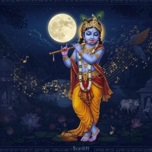 A mystical night scene depicting young Krishna playing his divine flute under a luminous full moon, rendered in deep indigo and gold hues. Krishna appears as a celestial figure with radiant blue skin, adorned in a rich yellow dhoti and peacock feather crown, emitting a soft ethereal glow. Surrounding him are intricate Madhubani-style patterns of blooming lotus flowers and peacock motifs in gold and deep maroon. Floating musical notes transform into graceful peacocks and cows in mid-flight, creating a surreal atmosphere. The background features a stylized Vrindavan garden with flowing Yamuna river rendered in traditional Pattachitra art style but with modern digital fluidity. Multiple transparent layers show scenes from Krishna's life merging into each other like a spiritual dreamscape. The lighting emphasizes dramatic contrasts between deep shadows and divine golden light. The entire composition is framed by an ornate mandala border featuring Sanskrit verses seamlessly blending into decorative patterns. The art style combines classical Indian miniature painting techniques with contemporary digital art aesthetics, creating a timeless yet modern visualization of Surdas's poetic vision.