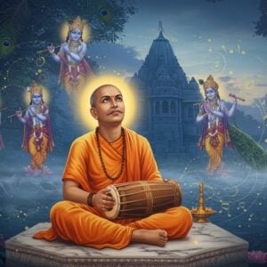 A serene portrait of Surdas as a middle-aged blind Indian saint with gentle facial features, sitting cross-legged on a marble platform, wearing traditional dhoti and angavastram in saffron hues. His face is tilted upward in divine devotion, radiating inner peace. He holds a tambura in his hands, surrounded by an ethereal golden aura. Behind him, a large, ornate Krishna temple architecture in deep blue and gold emerges from morning mist. Multiple transparent layers show vignettes of Lord Krishna playing flute in various poses, floating like celestial visions around Surdas. The scene is adorned with peacock feathers, lotus flowers, and subtle Madhubani-style border patterns. Soft rays of dawn light filter through, creating a mystical atmosphere. The color palette focuses on deep blues, rich golds, and soft saffron tones. Delicate swirls of divine energy and musical notes float in the air, rendered in luminescent gold. The overall composition follows the traditional Indian miniature painting style but with modern digital art techniques for enhanced ethereal effects.