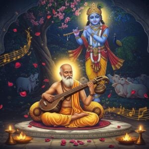 A divine scene depicting Surdas, portrayed as a blind sage in traditional white dhoti and angavastram, seated cross-legged on an ornate marble platform, playing a golden veena under a flowering tree. His face radiates devotional bliss with a serene smile. Behind him, a large ethereal vision appears showing Lord Krishna in his signature blue hue, playing the flute amidst peacocks and cows in Vrindavan. The scene is illuminated by soft, glowing orbs of golden light. Intricate Madhubani-style patterns in deep indigo and saffron frame the composition. Falling flower petals and swirling musical notes rendered in gold create a mystical atmosphere. The background features a stylized temple architecture with detailed carved pillars. The overall color palette includes deep blues, burnished gold, and warm earth tones. The art style combines hyperrealistic digital rendering with traditional Indian miniature painting techniques. The scene is bathed in divine radiance suggesting spiritual enlightenment. Photorealistic, cinematic lighting, 8k quality.