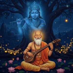 A mystical nighttime scene showing a serene Indian sage, Surdas, seated in lotus position beneath a sacred banyan tree, his blind eyes radiating divine golden light. He wears traditional white dhoti and angavastram with intricate Madhubani-style border patterns. His hands are positioned playing a veena, surrounded by floating musical notes transformed into luminous butterflies. Behind him, a large ethereal vision of Lord Krishna appears in rich peacock blues and golds, playing his flute amidst swirling cosmic energies. The background features a temple silhouette with delicate Pattachitra-style architectural details. Soft orbs of light float around like fireflies, creating a dreamy atmosphere. The color palette includes deep indigos, burnished golds, and touches of saffron. Multiple lotuses bloom around his feet, their petals carrying subtle Sanskrit verses. The overall composition merges traditional Indian artistic elements with modern digital art techniques, creating a surreal and spiritual atmosphere with dramatic lighting focused on Surdas's illuminated face.