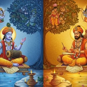 A mystical split composition showing two distinguished Indian poets in traditional 16th century attire - Surdas on the left with closed eyes radiating divine light, singing with upraised hands, surrounded by floating Krishna-themed symbols in deep blue hues; Tulsidas on the right writing with a quill, surrounded by floating Ram-themed motifs in saffron tones. Between them rises a large ornate tree with one half depicting peacock feathers and flutes (Krishna elements) and other half showing bow-arrows and lotus flowers (Ram elements). The background features intricate Madhubani-style patterns with miniature scenes from their respective epics. Soft golden light bathes the entire scene. The poets sit on decorated marble platforms with Sanskrit verses flowing like ribbons around them. In the foreground, two parallel flowing rivers - one blue (Yamuna) and one golden (Saryu) - merge into a pool of radiant light. The art style combines traditional Indian miniature painting with modern digital art techniques, featuring rich jewel tones, metallic accents, and ethereal lighting effects.