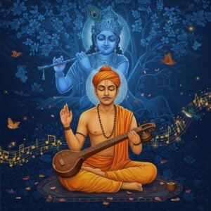 A serene nighttime scene showing Surdas, depicted as a middle-aged Indian man with closed eyes and peaceful expression, wearing simple saffron dhoti and angavastram, seated cross-legged under a flowering kadamba tree. His right hand holds his signature veena while his left is raised in devotion. Behind him, a large ethereal vision of Lord Krishna appears in deep blue hues, playing his flute, surrounded by peacock feathers and floating lotus petals. The background features intricate Madhubani-style patterns in gold and deep blues, with small vignettes of Surdas's life story embedded within geometric mandala designs. Soft glowing orbs of light illuminate the scene, casting a divine radiance. The art style merges traditional Indian miniature painting techniques with modern digital aesthetics, using a color palette of deep indigo, saffron, gold, and turquoise. Mystical swirls of musical notes transform into birds and butterflies around Surdas, symbolizing his poetry taking flight. The overall composition creates a dreamlike, spiritual atmosphere with detailed textures and patterns.