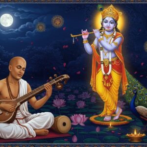 A divine scene depicting the blind saint Surdas seated in traditional white dhoti, playing a veena under a moonlit night, his face radiating intense devotion and spiritual ecstasy. Lord Krishna appears as a luminous, ethereal figure in the background, playing his flute, with a peacock feather crown and yellow pitambara, adorned with vaijayanti mala. The scene is set in an ornate Vrindavan garden with blooming lotus flowers and peacocks. Soft golden light emanates from Krishna's form, creating a mystical atmosphere. Intricate Madhubani-style patterns frame the scene, featuring traditional motifs of peacocks, lotus flowers, and musical notes in deep indigo, saffron, and gold. Glowing mandalas float in the background, while delicate flower petals drift through the air. The art style combines hyperrealistic digital rendering with traditional Indian artistic elements, creating a serene and spiritually charged atmosphere. The overall composition emphasizes the deep emotional connection between the devotee and the divine.