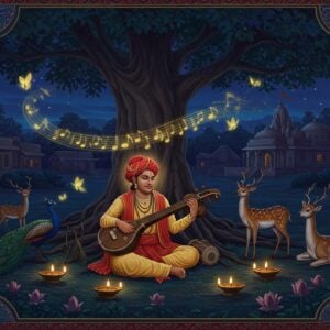A serene nighttime scene depicting a young, blind Surdas in traditional 16th-century Indian attire seated beneath a ancient banyan tree in Siri, Delhi. He's playing a veena, surrounded by intricate Madhubani-style peacocks and deer listening intently. The background features a detailed medieval Indian village with mud houses and temples in deep indigo and gold tones. Ethereal golden musical notes float in the air, transforming into luminous butterflies. The scene is illuminated by multiple traditional brass oil lamps creating a warm, mystical atmosphere. In the distance, a detailed Krishna temple glows with soft light. The art style combines traditional Rajasthani miniature painting techniques with modern digital art aesthetics, featuring rich jewel tones of deep blues, burgundy, and burnished gold. Intricate mandala patterns frame the corners of the scene, with subtle lotus motifs emerging from the shadows. The overall composition emphasizes both spirituality and artistic heritage, with a magical realism approach to lighting and atmosphere.