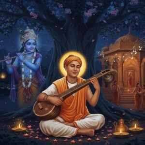 A serene night scene depicting Sant Surdas in traditional white dhoti, seated cross-legged under a blooming banyan tree, playing a golden veena with divine expression. His face radiates spiritual ecstasy with a subtle golden aura. Behind him, ethereal visualizations emerge showing Lord Krishna in cosmic blue hue playing his flute, surrounded by intricate Madhubani-style peacock feather patterns in deep indigo and gold. Musical notes materialize as glowing lotus petals floating in the air. The background features a grand temple architecture with ornate pillars in warm sandstone tones. Multiple translucent layers show devotees dancing in spiritual fervor. Moonlight filters through the branches, creating dappled patterns. The scene incorporates traditional Indian art elements with modern digital aesthetics, featuring rich colors like deep blues, burnished gold, and midnight purple. Soft glowing orbs of light float around, suggesting the divine presence. The overall composition has a dreamy, ethereal quality with intricate details in jewelry and textile patterns. Photorealistic digital art style with mystical elements.