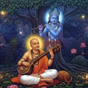 A divine scene depicting the blind saint Surdas in traditional white dhoti and angavastram, seated cross-legged under a sprawling banyan tree, playing his veena with celestial expressions. His face radiates spiritual ecstasy with a subtle golden aura around him. Behind him, a large ethereal vision of Lord Krishna in his cosmic form appears in deep blue hues, playing his flute amid swirling cosmic energies. The background features intricate Madhubani-style patterns in gold and deep indigo, merging with modern digital art elements. Floating lotus flowers and peacock feathers surround the scene. The lighting is mystical with soft golden rays filtering through the tree. Multiple transparent layers show glimpses of bhakti movement scenes - devotees dancing, singing, and ancient manuscripts with Krishna-leela paintings. The color palette includes deep blues, royal purples, burnished gold, and earthy saffron. Rendered in a style combining traditional Indian miniature painting techniques with contemporary digital art aesthetics, emphasizing spirituality and devotional fervor. Photorealistic details in the main figures with surreal, ethereal elements in the background.