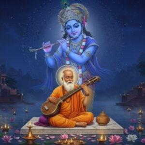 A serene night scene showing a blind sage Surdas sitting cross-legged on a marble platform, wearing saffron dhoti and angavastram, playing a golden veena. Behind him, a large ethereal form of Lord Krishna in peacock blue emerges, playing his divine flute, adorned with peacock feather crown and pitambara dhoti. The scene is illuminated by floating diyas and moonlight, creating a mystical atmosphere. Intricate Madhubani-style patterns in gold and deep blue form a mandala halo behind both figures. The foreground features scattered lotus flowers in pale pink and white, their petals glowing with divine light. The background shows the ghats of Vrindavan with subtle traditional architectural elements. Soft mist rises from the Yamuna river, creating a dreamy effect. The art style combines hyperrealistic details with traditional Indian art elements, featuring rich colors of deep blue, saffron, and gold with ethereal lighting effects. Krishna's form should be semi-transparent and luminescent, symbolizing the divine vision in Surdas's heart despite his physical blindness.