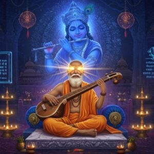 A mystical scene showing a radiant, elderly Surdas in traditional dhoti and angavastram, seated cross-legged on an ornate marble platform, playing a golden veena. His face bears a serene expression of divine ecstasy, with rays of golden light emanating from his blind eyes. Behind him, a large, ethereal vision of Lord Krishna in deep blue hue plays his flute, surrounded by a mandala of peacock feathers and lotus patterns. The background features a blend of traditional Indian temple architecture with futuristic holographic projections showing verses in Devanagari script dissolving into musical notes. Floating diyas and contemporary light orbs create a bridge between past and present. The color palette combines deep indigos, royal purples, and burnished golds with modern neon accents. The scene is rendered in a style merging Madhubani art's intricate patterns with digital art's smooth gradients and light effects. Devotional symbols like tulsi leaves and temple bells are subtly incorporated into the swirling patterns around the composition. The atmosphere suggests both timeless devotion and contemporary relevance.