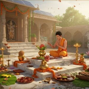 A serene Indian courtyard scene at dawn with golden sunlight filtering through, featuring a contemporary marble mandap adorned with sustainable decorations like fresh marigold garlands and bamboo elements. In the center, a young Indian priest performs a ritual using brass vessels and eco-friendly copper plates. Around him are arranged biodegradable items - coconut shells, banana leaves, clay diyas, and wooden ritual items. The background shows a modern sustainable temple architecture with solar panels subtly integrated into traditional Indian temple design. A small water conservation system with decorative lotus pond is visible. Natural cotton threads and organic kumkum in earthen containers are placed methodically. The scene is enhanced with soft smoke from sustainable incense, creating an ethereal atmosphere. The color palette focuses on earthy browns, forest greens, and warm golds. The art style combines traditional Madhubani patterns in the borders with modern digital rendering, featuring intricate details in the ritual items and architecture. Floating particles of light add a divine, magical quality to the scene. The overall composition emphasizes the harmony between traditional practices and environmental consciousness.