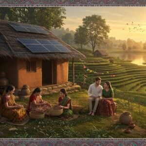 A serene panoramic scene of an eco-friendly Indian village tourism setting, featuring a traditional mud and bamboo homestay with solar panels seamlessly integrated into its thatched roof. In the foreground, two local Indian women in vibrant block-printed cotton sarees (forest green and earth brown) are teaching a young Indian tourist couple how to weave bamboo baskets. The couple wears modern sustainable fashion made from khadi. The background showcases terraced organic farms with natural irrigation systems, dotted with prayer flags made from recycled fabric. A pristine lake reflects the golden sunset sky, where birds soar. Intricate Madhubani-style border patterns frame the scene, featuring motifs of local flora and fauna in deep peacock blue and burgundy. Small elements like clay water filters, composting bins, and traditional copper water storage vessels are tastefully placed. The lighting is warm and golden, creating a dreamy atmosphere with soft lens flares. The art style combines hyperrealistic digital rendering with traditional Indian art patterns, emphasizing both modernity and cultural heritage. The scene exudes harmony between tourism and nature, with elegant mandala patterns subtly woven into natural elements.