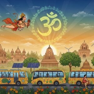 A serene Indian cityscape at dawn, where traditional meets sustainable transportation, rendered in Madhubani-inspired art style. In the foreground, Lord Hanuman flies gracefully through golden-hued skies, carrying his signature gada, symbolizing strength and protection. Below, modern electric buses decorated with intricate peacock motifs and lotus patterns glide silently on roads lined with sacred peepal trees. Young Indians in contemporary clothing ride bicycles adorned with marigold garlands. The background features ancient temple architecture seamlessly blending with modern sustainable infrastructure - solar panels shaped like mandalas, wind turbines with designs inspired by the chakra. The scene is illuminated by a rising sun forming a large, glowing omkara symbol, casting warm saffron and deep blue gradients across the sky. Ethereal swirls of energy in turquoise and gold connect the traditional and modern elements. Delicate line work and patterns characteristic of Pattachitra art style embellish the vehicles and buildings. The overall composition suggests harmony between ancient wisdom and modern sustainability, with a dreamlike, spiritual quality enhanced by soft glowing halos around the vehicles.