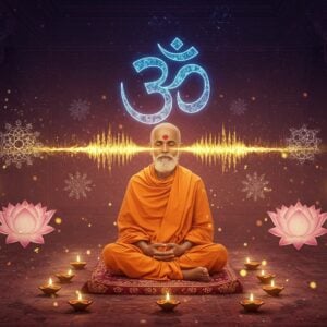 A serene Indian meditation hall with ornate Madhubani-style wall patterns, where a wise elderly Sanskrit guru in saffron robes sits cross-legged on an intricately designed meditation cushion. Golden sound waves emanate from his mouth, transforming into luminous mandalas and sacred geometric patterns in the air. Behind him, a large, ethereal Om symbol glows in deep indigo and gold. The scene is lit by floating brass diyas creating a warm, mystical atmosphere. Floating lotus flowers in pastel pink and white surround the guru, with each petal containing delicate Pattachitra-style designs. Swirling energy patterns in peacock blue and gold represent the flow of mantric vibrations. The background features a subtle gradient from deep maroon to soft dawn colors. Small particles of light dance around the scene like fireflies. The guru's face radiates peace and wisdom, with his eyes gently closed in deep meditation. The art style combines hyperrealistic digital rendering with traditional Indian art motifs, creating a contemporary spiritual aesthetic.