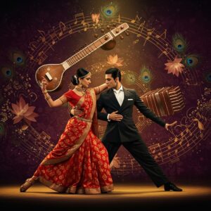 A mesmerizing dance scene featuring an elegant Indian woman in a flowing red and gold saree paired with a male dancer in traditional black tango attire, performing a passionate tango pose against a backdrop of swirling musical notes rendered in the style of traditional Indian mandala patterns. The woman wears traditional Indian jewelry, while both dancers are bathed in dramatic spotlighting. The background features a fusion of instruments - a golden sitar and silver bandoneon creating an ethereal arch above the dancers. Peacock feather motifs and lotus patterns spiral around them in a dynamic vortex. The color palette combines deep crimsons, royal purples, and burnished golds with subtle Madhubani-style detailing. The lighting creates a mystical atmosphere with soft golden highlights and deep shadows. The scene is rendered in a contemporary digital art style while maintaining traditional Indian artistic elements, creating a harmonious blend of two cultures. The composition should be dynamic and flowing, suggesting movement and passion.
