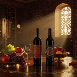 A luxurious Indian wine cellar with ornate Madhubani-style painted walls featuring intricate vine patterns in deep burgundy and gold. In the foreground, three elegant wine bottles arranged on a polished wooden table with brass accents. The bottles reflect soft, ambient lighting and are adorned with contemporary labels featuring mandala patterns. Surrounding the bottles are traditional Indian brass bowls filled with fresh purple grapes, pomegranates, and indigenous Indian fruits. A stream of golden light filters through a decorative jharokha window, creating a mystical atmosphere. The scene includes delicate wine glasses with henna-inspired patterns etched on them. In the background, rows of temperature-controlled wine racks extend into a perspective, their surfaces gleaming with a modern metallic finish. The color palette combines rich wine reds, vintage golds, and deep purples, with subtle undertones of peacock blue. The lighting is warm and dramatic, creating an inviting and sophisticated ambiance. Photorealistic rendering with attention to reflective surfaces and lighting effects, styled as high-end product photography with artistic elements of traditional Indian art.
