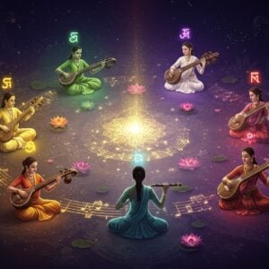 A mesmerizing ethereal scene featuring seven elegant Indian classical musicians in flowing silk attire, each representing a Svara (Sa, Re, Ga, Ma, Pa, Dha, Ni), arranged in a spiral formation around a central glowing mandala. Each musician radiates a distinct aura color corresponding to traditional Svara associations - yellow for Sa, green for Re, golden for Ga, white for Ma, dark blue for Pa, red for Dha, and multi-colored for Ni. They play traditional Indian instruments - veena, sitar, tanpura, and flute. Musical notes visualized as luminous golden threads flow from their instruments, interweaving to form intricate geometric patterns. The background features a cosmic gradient from deep indigo to soft gold, with subtle Madhubani-style peacock motifs. Floating lotus flowers emit gentle light pulses in sync with the musical patterns. The scene is enhanced with swirling energy particles and delicate sacred geometry patterns. The lighting is dreamy and ethereal, with soft spotlight effects highlighting each musician. The overall composition should blend traditional Indian classical elements with modern digital art techniques, creating a harmonious fusion of ancient wisdom and contemporary aesthetics.