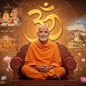 A serene portrait of Swami Chinmayananda in his signature saffron robes, seated in padmasana on a carved wooden platform, against a luminous background featuring a large, intricate golden Om symbol. His expression is peaceful and wise, with a gentle smile and radiating divine light. Behind him, a ethereal visualization shows multiple transparent layers of scenes - young students sitting in lectures, the Himalayas, open Sanskrit texts with flowing mantras, and the Chinmaya Mission logo. The composition includes floating lotus flowers in soft pink and white, with gentle swirls of light creating a mandala pattern. The art style blends photorealistic detail with spiritual symbolism, using a color palette of deep saffron, celestial blues, and metallic gold accents. Delicate threads of light connect all elements, symbolizing the transmission of knowledge. The lighting is warm and divine, creating a glowing aura around the Swami. The scene incorporates traditional Vedantic symbols like the lamp of knowledge and flowing Ganga waters in stylized form. 4k digital art, cinematic lighting, hyperdetailed, atmospheric.