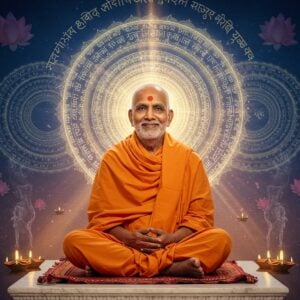 A serene portrait of Swami Chinmayananda in his signature saffron robes, seated in padmasana on a marble platform, radiating inner peace. His eyes are gentle and wise, with a subtle smile. Behind him, a large ethereal mandala glows in soft gold and white, creating a halo effect. Multiple translucent layers of sacred Sanskrit texts float in spiraling patterns around him, transforming into streams of light. The background features a modern gradient from deep indigo to soft morning orange, with delicate lotus flowers floating in various stages of bloom. Traditional Vedantic symbols merge with contemporary geometric patterns in the corners. The lighting is dramatic yet soft, creating a mystical atmosphere with rays of light emerging from his meditation pose. The art style combines hyperrealistic digital painting with traditional Indian miniature art details, featuring intricate patterns on his robes and the surrounding elements. Floating diyas and subtle smoke trails add depth and movement to the composition. High-quality digital art with photorealistic textures and atmospheric lighting.