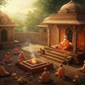 A serene aerial view of a traditional Indian ashram complex nestled in lush greenery, with golden morning sunlight filtering through sacred peepal trees. The main meditation hall features Dravidian architecture with intricate mandala patterns and Sanskrit symbols. In the foreground, a dignified elderly figure resembling Swami Dayananda Saraswati sits in padmasana on a raised platform, wearing saffron robes, with a peaceful expression and silver beard. He's surrounded by devotees in white attire sitting cross-legged. The scene includes a sacred fire pit (havan kund) with gentle smoke rising, creating ethereal patterns. Traditional Vedic symbols and geometric patterns adorn the walls in gold and deep maroon. Soft rays of light create a divine atmosphere, with floating lotus petals and subtle hints of incense smoke. The color palette combines earthy browns, saffron, and golden hues with splashes of peaceful blue from a nearby temple pond. Art style merges hyperrealistic architectural details with mystical Indian traditional art elements, incorporating Madhubani-style decorative patterns in the background. The lighting should be warm and spiritual, creating an inviting and peaceful atmosphere.