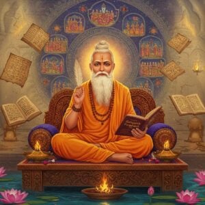 A sage with serene expression and flowing white beard, wearing saffron robes, seated in padmasana on an intricately carved wooden platform. He's illuminated by warm golden light, surrounded by ancient palm leaf manuscripts and Sanskrit texts floating ethereally. His right hand holds a quill pen radiating divine light, while his left hand rests on a copy of Satyarth Prakash. Behind him, a large, ornate mandala in deep indigo and gold contains miniature scenes from the Vedas. Floating lotuses in peacock blue and saffron emerge from a mystical pool below. The background features a blend of traditional Madhubani patterns and modern geometric designs in muted earth tones. Soft rays of light filter through ornate temple windows, casting sacred Sanskrit symbols as light patterns. The scene is framed by stylized flames representing the agnihotra, a key element of Arya Samaj teachings. Photorealistic digital art style with ethereal lighting and rich textures, merging traditional Indian art motifs with contemporary aesthetic sensibilities.