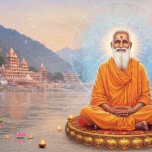 A serene portrait of an elderly Indian sage with a gentle, luminous smile, seated in padmasana on a golden lotus platform floating above calm waters. He wears traditional saffron robes with intricate Madhubani-style patterns. His face radiates divine wisdom with deep, compassionate eyes and a flowing white beard. Behind him, a large ethereal mandala glows in soft blues and golds, emanating rays of spiritual light. Multiple translucent layers of sacred Sanskrit texts and geometric patterns float in the air around him. The background features the Divine Life Society ashram in Rishikesh, rendered in a dreamy, watercolor style with the Ganges river flowing peacefully. Floating lotuses and diyas create circles of golden light on the water's surface. The entire scene is bathed in a warm, spiritual glow with subtle particles of divine light. The art style merges photorealistic details with ethereal Indian traditional art elements, creating a mystical atmosphere with a modern digital finish. Soft pastel hues of dawn complement the deep saffron of his robes.