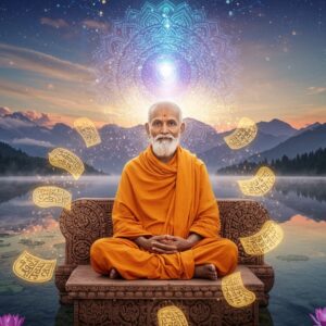 A serene portrait of an elderly Indian sage in saffron robes, seated in padmasana on a carved stone platform, surrounded by ethereal golden light. His face radiates wisdom with gentle eyes and a peaceful smile, resembling Swami Krishnananda's features. Ancient Sanskrit texts float around him in spiraling patterns, transforming into streams of luminous energy. A large, intricate mandala hovers above him, pulsing with deep blues and cosmic purples. In the background, the Himalayas emerge through misty clouds, with the first rays of dawn creating a mystical atmosphere. The foreground features a crystal-clear lake reflecting the scene, with lotus flowers in various stages of bloom. Digital holographic elements subtly blend with traditional Madhubani patterns, creating a bridge between ancient wisdom and future technology. The artwork combines photorealistic details with ethereal effects, using a color palette of saffron, gold, deep purple, and celestial blue. Soft particle effects and light rays enhance the spiritual atmosphere, while maintaining cultural authenticity. The composition emphasizes both depth and divinity, with a subtle glow emanating from the sacred texts and the sage's aura.