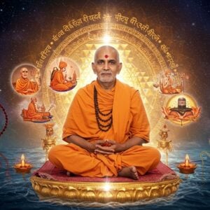 A serene portrait of Swami Nigamananda in traditional saffron robes, seated in padmasana on a golden lotus platform, emerging from a cosmic ocean. His face radiates divine light with eyes half-closed in meditation, surrounded by concentric circles of Sanskrit mantras transformed into ethereal light streams. Multiple translucent layers show scenes from his core teachings - a guru teaching disciples (representing Guru Tattwa), a golden Shiva lingam (symbolizing Brahma Jnana), and intertwined lotus stems forming the infinity symbol (depicting Yugal Sadhana). The background features a large illuminated Sri Yantra pattern in soft gold and white light. Floating spiritual symbols include a crystal rosary, a sacred thread, and glowing kundalini serpents. The color palette combines deep saffron, celestial blues, and metallic golds with modern gradient effects. The art style seamlessly blends traditional Madhubani patterns in the borders with contemporary digital art techniques, creating an ethereal, enlightened atmosphere. Soft particle effects and lens flares add a modern mystical touch while maintaining spiritual authenticity.