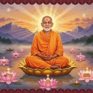 A serene portrait of Swami Rama Tirtha in traditional saffron robes, meditating in Padmasana on a golden lotus floating above the calm waters of the Ganges at dawn. His face radiates divine peace with a gentle smile, surrounded by a luminous aura in shades of soft gold and white. Behind him, the Himalayas rise majestically, rendered in ethereal pastels of purple and blue. Intricate Madhubani-style patterns in gold form a mandala halo around his head. Multiple translucent lotus flowers in pink and white float on the water surface, each containing symbols of wisdom - books, scrolls, and sacred symbols. Rays of morning sunlight pierce through misty clouds, creating divine light beams. The scene is framed with delicate paisley patterns and traditional Indian motifs in deep maroon and peacock blue. Small glowing orbs of light hover around him, representing spiritual enlightenment. The art style combines photorealistic elements with traditional Indian art, creating a mystical, contemporary spiritual atmosphere. The overall color palette focuses on sunrise hues - soft oranges, golden yellows, and ethereal blues.