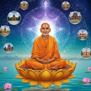 A serene portrait of Swami Rama Tirtha in a modern digital art style, seated in padmasana on a golden lotus floating over the cosmic waters. He's wearing saffron robes with intricate Madhubani-style patterns. His face radiates divine peace with a gentle smile, surrounded by a luminous aura in shades of soft gold and white. Behind him, a large mandala featuring Vedantic symbols and geometric patterns glows in ethereal blues and purples. Multiple translucent globes orbit around him, each containing scenes from different cultures - American landscapes, Japanese temples, European architecture - symbolizing his global influence. Sacred Sanskrit equations and mathematical formulas float as golden light particles in the air. The background transitions from deep cosmic blue at the top to serene turquoise waters below. Lotus flowers in pastel pink and white float on the water surface, their reflections creating perfect geometric patterns. Traditional Indian architectural elements merge with modern minimalist design in the distant horizon. The overall scene combines photorealistic rendering with mystical surrealism, using a color palette of deep indigos, saffron, gold, and peaceful pastels.