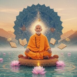 A serene portrait of Swami Rama Tirtha in meditation pose, wearing saffron robes with intricate Madhubani-style patterns, seated on a lotus platform floating above crystal-clear Himalayan waters. His face radiates divine peace with a subtle golden aura. Behind him, a large ornate mandala in deep blues and golds emanates light, incorporating Vedantic symbols and Sanskrit geometric patterns. Multiple transparent layers show glimpses of his transformation from a professor to a saint. Floating books with ethereal pages emerge from his meditation, surrounded by swirling golden light particles. The background features misty mountains with sunrise hues of saffron and pink. Delicate lotus flowers in pastel shades float on the water surface, creating ripples that form sacred geometry patterns. The overall scene has a dreamy, digital watercolor effect with rich textures and soft glowing elements. The lighting is mystical with golden hour warmth, creating a balance between traditional Indian art and modern digital aesthetics. Ultra-detailed, cinematic, ethereal atmosphere, photorealistic rendering.