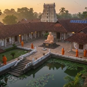 A serene aerial view of a grand traditional South Indian ashram complex at sunrise, with golden rays illuminating its pristine white walls and traditional Kerala-style architecture with sloped terracotta roof tiles. The central temple structure features intricate Dravidian architecture with golden spires. Lush coconut palms and banyan trees surround the complex, creating a verdant border. A peaceful lotus pond reflects the morning sky in the foreground, with stone steps leading to the water. Several monks in saffron robes can be seen walking through the courtyards, their forms casting long shadows. Soft mist hovers near the ground, creating an ethereal atmosphere. The scene incorporates subtle Madhubani-style decorative elements in the architecture, with mandalas and traditional patterns adorning the walls. A large statue of Swami Ramdas in meditation pose, crafted in white marble, sits in the central courtyard, emanating a soft, divine glow. Modern solar panels are tastefully integrated into the traditional architecture, symbolizing the blend of ancient wisdom with contemporary sustainability. The color palette combines warm golden tones with cool morning blues and lush greens, rendered in a photorealistic style with mystical lighting effects.