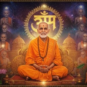 A serene portrait of Swami Ramdas in meditation pose, wearing saffron robes with intricate Madhubani-style patterns, sitting on a lotus platform. His face radiates divine peace with closed eyes and a gentle smile. Behind him, a large, ethereal Ram Mantra "राम" appears as golden light particles forming a glowing mandala. The background features a blend of traditional Indian temple architecture with cosmic elements - floating lotus flowers, spiral galaxies in deep blues and purples. Multiple translucent layers show different phases of his life - as a young seeker, as a guru, and in deep samadhi. Soft rays of golden light emanate from his form, illuminating the scene. The color palette combines deep saffron, celestial blues, and metallic golds. Sacred symbols like the Om and Ram Nama float as subtle energy patterns. The overall composition merges Pattachitra art style with modern digital art techniques, creating a mystical, photorealistic quality. The scene is framed by delicate lotus vines and traditional Indian geometric patterns.