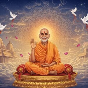 A serene portrayal of Swami Ramdas in his characteristic white dhoti and shawl, seated in padmasana on a golden lotus platform, radiating divine light. His gentle smile and closed eyes reflect deep meditation, while his right hand is raised in chinmudra. Behind him, a large, intricate mandala in shades of saffron and deep blue glows ethereally. The background features the Anandashram temple architecture merging with stylized clouds. Floating Ram-naam scripts in Sanskrit transform into doves taking flight. The scene is illuminated by soft, ethereal light creating a mystical atmosphere. Delicate lotus petals and sacred threads float in the air. The art style combines traditional Madhubani patterns in the mandala with modern digital art techniques, using a color palette of white, saffron, gold, and peaceful blues. The overall composition suggests spiritual elevation and divine consciousness, with subtle hints of Kerala's traditional architecture in the background elements.