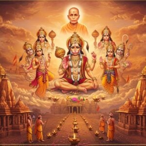 A majestic, ethereal scene depicting Lord Hanuman in his powerful eleven forms arranged in a divine circular formation against a sunrise backdrop. Each Hanuman form shows distinct characteristics - one in flying pose, one in devotional pose, one showing strength, etc. The central Hanuman is larger, seated in meditation with a subtle golden aura. The background features ancient temple architecture with intricate Marathi-style carvings and patterns. Swami Ramdas's spiritual presence is depicted as a soft, translucent figure blessing from above. The scene includes traditional Maharashtrian temple elements like deepstambhas (light pillars) and saffron flags. Mystical golden light streams through clouds, creating divine rays. The color palette focuses on deep oranges, saffron, maroons, and celestial blues. The art style combines traditional Maharashtrian temple art with modern digital aesthetics, featuring detailed mandala patterns, sacred geometry, and flowing energy lines. Small pilgrims in traditional Indian attire are shown on a path connecting all temples. The atmosphere is serene yet powerful, with subtle elements like floating flower petals, incense smoke, and glowing diyas.