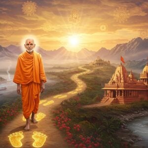 A serene panoramic view of an enlightened Indian sage with gentle features and radiant aura, wearing simple saffron robes, walking barefoot on a mystical path that winds through multiple iconic Indian spiritual locations. The path is adorned with golden lotus footprints that emit soft light. In the background, the Himalayas fade into mist, while the holy Ganga flows with ethereal blue waters. The foreground shows the Anandashram temple with intricate Dravidian architecture. The scene is rendered in a fusion of traditional Madhubani art style with modern digital aesthetics, featuring rich colors of deep saffron, celestial blue, and burnished gold. Floating mandalas and sacred symbols appear subtly in the sky, creating a dreamlike atmosphere. Multiple small vignettes along the path show glimpses of Kanhangad, Kasaragod, and other significant locations from Swami Ramdas's life. The lighting is warm and spiritual, with divine rays filtering through clouds, creating a mystical ambiance. Subtle visual elements like rudraksha beads, prayer flags, and incense smoke add depth to the composition.