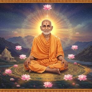 A serene portrait of Swami Ramdas in his signature white dhoti and shawl, sitting in padmasana on a geometric mandala platform, radiating a soft golden aura against a mystical backdrop of the Western Ghats. His face bears his characteristic gentle smile and peaceful expression, with eyes half-closed in meditation. Surrounding him are concentric circles of floating lotus flowers in pastel pink and white, intertwined with ethereal light streams in shades of saffron and blue. The scene features subtle elements representing his teachings - a small Ram temple silhouette, the flowing Pamba river, and the Anandashram depicted in Madhubani art style. Multiple translucent layers of sacred geometry patterns float in the background, creating depth. The lighting is otherworldly with soft glows and gentle light beams, creating a harmonious blend of traditional Indian spirituality and contemporary digital art. The color palette focuses on peaceful whites, golden yellows, soft blues, and gentle saffron tones. Intricate Pattachitra-style borders frame the edges with symbols of Ram-Nam and eternal consciousness.