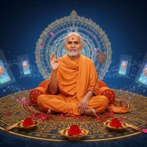 A serene portrait of Swami Samarth in his iconic white dhoti and shawl, seated in padmasana on a digital lotus platform made of circuitry patterns in gold and saffron. His right hand is raised in blessing mudra while his left hand holds his characteristic bamboo staff. His face radiates divine calm with a subtle smile, surrounded by a glowing mandala halo incorporating both traditional yantra patterns and modern tech elements. Floating around him are ethereal, translucent smartphone screens displaying devotional apps and wallpapers in soft blue light. Sacred vermillion powder and flower petals transform into flowing streams of digital particles. The background features a gradient from deep midnight blue to morning sky blue, with floating sacred symbols morphing into app icons. Intricate Madhubani-style border patterns frame the scene, seamlessly blending into digital matrix elements. The lighting creates a divine aura, with soft golden rays emanating from Swami's form. The overall composition maintains traditional spiritual dignity while incorporating modern digital elements in a tasteful, harmonious manner. Hyperrealistic digital art style with a mystical quality.