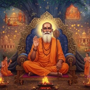 A mystical portrait of Swami Samarth seated in padmasana on a carved wooden throne beneath a sacred audumbara tree, wearing saffron robes with tiger skin draped across his shoulder. His right hand is raised in abhaya mudra while his left hand holds his iconic staff. His face radiates divine calm with intense eyes, flowing white beard, and tilak on forehead. Behind him rises an ethereal mandala pattern in gold and deep blue, symbolizing spiritual enlightenment. Around him float miniature scenes from his life in Madhubani art style - the banks of Krishna river, Akkalkot math, and devotees seeking blessings. The environment is filled with soft, glowing orbs of light in saffron and gold. Sacred symbols like om and swastikas appear as delicate patterns in the background. The overall scene has a surreal, dreamlike quality with modern digital art aesthetics while maintaining traditional Indian artistic elements. Rich jewel tones of maroon, deep blue and gold dominate the color palette. Smoke from sacred fire creates mystical swirls in the air, adding to the divine atmosphere.