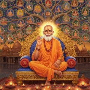 A serene portrait of Swami Samarth seated in padmasana on a golden throne adorned with intricate Maharashtrian patterns, wearing saffron robes with traditional rudraksha malas. His right hand raised in blessing mudra, left hand holding his signature bamboo staff. His face radiates divine light with piercing eyes, flowing white beard, and a peaceful expression. Behind him, a large ethereal tree of life with glowing branches spreads across the composition, each branch depicting miniature scenes of his famous miracles in Madhubani art style. Floating lotuses and sacred symbols surround him, emanating soft golden light. The background features the Akkalkot temple architecture in subtle peacock blues and deep maroons. Multiple translucent layers of spiritual energy circles form mandalas around him. The scene is enhanced with floating diyas, sacred ash particles, and subtle om symbols in the atmosphere. Photorealistic digital art style with mystical Indian traditional elements, volumetric lighting, and a warm spiritual color palette focusing on saffron, gold, and deep blues.
