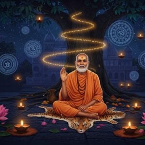 A serene nighttime scene featuring Swami Samarth in his iconic white dhoti and shawl, seated in padmasana on a tiger skin under a sacred banyan tree. His right hand is raised in blessing mudra, emanating golden light rays. Around him float multiple ethereal, translucent mandalas with intricate Sanskrit patterns in shades of deep blue and gold. The background shows the Akkalkot temple architecture with Madhubani-style decorative elements. Swami's face radiates divine peace with his characteristic beard and tilak. Floating lotus flowers in various stages of bloom surround him, each emitting a soft spiritual glow. The scene is illuminated by multiple oil lamps creating a warm, mystical atmosphere. Small streams of golden light particles spiral upwards, representing the power of the mantra. Art style combines hyperrealistic digital rendering with traditional Indian Pattachitra patterns, emphasizing deep maroons, celestial blues, and luminous golds. The overall composition suggests spiritual transcendence and divine energy.