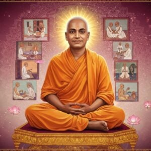 A serene portrait of Swami Sivananda Saraswati seated in Padmasana on a golden lotus platform, wearing saffron robes with intricate Madhubani-style patterns. His face radiates divine peace with a gentle smile, surrounded by a luminous golden aura. Behind him, a large ethereal mandala in peacock blue and gold pulses with spiritual energy. Multiple translucent layers show scenes from his life - a doctor treating patients, teaching yoga to disciples, writing spiritual texts, and performing meditation. Floating lotus flowers and sacred Sanskrit manuscripts emerge from subtle mist. The background transitions from deep maroon to soft pastels, with delicate light rays filtering through. Traditional Pattachitra-style border elements frame the composition, featuring yoga mudras and Vedantic symbols. The overall scene has a dreamy, spiritual quality with gentle glowing orbs of light and swirling energy patterns. Photorealistic digital art style with traditional Indian art influences, emphasizing both historical accuracy and modern aesthetic appeal.