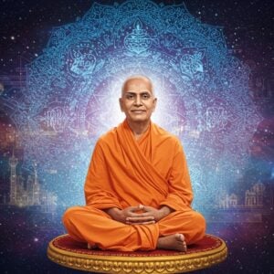 A serene portrait of Swami Sivananda Saraswati in his signature orange robes, seated in Padmasana on a golden lotus platform, emerging from a cosmic background blending modern digital elements with traditional Indian art. His face radiates divine peace with a gentle smile, surrounded by a luminous aura in soft saffron and white. Behind him, a large, intricate mandala pattern with modern geometric elements floats in space, containing symbols of his teachings - the Divine Life Society logo, yoga postures, and service symbols rendered in glowing neon blues and purples. Multiple translucent layers show glimpses of modern cityscapes transitioning into ashram settings. Floating sacred threads and Sanskrit mantras transform into streams of digital code. The lighting is ethereal with god rays emerging from his form, creating a bridge between ancient wisdom and future technology. The art style combines hyperrealistic digital painting with Madhubani patterns in the details. Swami's facial features are detailed and accurate to historical references, with his characteristic broad forehead and compassionate eyes.