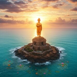 A majestic aerial view of the Vivekananda Rock Memorial at sunset, rising from the turquoise waters where three oceans meet, with golden-orange sun rays creating a divine halo behind it. The memorial's granite architecture is rendered in intricate detail, featuring Indo-Gothic style elements. Swami Vivekananda's figure stands in his iconic pose - arms crossed, wearing saffron robes that flow in the wind, radiating spiritual energy visualized as subtle golden auras. The surrounding seascape shows gentle waves in deep blues and teals, with scattered rose-pink clouds in the sky. Three distinct water colors representing the Arabian Sea, Bay of Bengal, and Indian Ocean merge dramatically around the rock. Ethereal light beams pierce through clouds, creating a mystical atmosphere. The foreground features traditional Mandala patterns in water ripples, while floating lotus flowers in soft pastels dot the waters. The scene captures both photorealistic details and spiritual symbolism, with a color palette of deep maritime blues, sunset oranges, and spiritual saffron. Art style combines hyperrealistic architectural details with ethereal lighting and traditional Indian artistic elements.