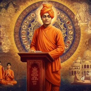 A majestic portrait of Swami Vivekananda in his iconic saffron robes standing tall at the Chicago World Parliament of Religions podium, his posture radiating confidence and spiritual power. Behind him, a large intricate mandala merges with the cosmic universe, featuring the symbols of major world religions in gold and deep blues. His face shows his characteristic meditative smile and penetrating eyes. To his right, scenes from his life appear as ethereal visions - the Belur Math in golden light, his meditation on the Kanyakumari rock, and his interactions with Sister Nivedita. To his left, modern Indian youth in contemporary clothes are shown being inspired, representing his ongoing influence. The composition uses rich maroon, saffron, and peacock blue colors in Madhubani-style patterns. Swami Vivekananda's aura glows with divine light, creating a surreal atmosphere. The background features subtle Vedantic symbols and flowing sacred Sanskrit verses in golden light. The art style combines hyperrealistic digital painting with traditional Indian art motifs, creating a modern yet culturally rooted aesthetic. The lighting is dramatic with golden rays emanating from behind Vivekananda, highlighting his spiritual radiance.