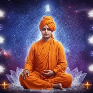 A serene portrait of Swami Vivekananda in his iconic saffron robes and turban, seated in Padmasana on a crystalline lotus platform, rendered in hyper-realistic digital art style. His face radiates divine calm with closed eyes and subtle smile. Multiple translucent golden rings of spiritual energy emanate from his form. Behind him, a large ornate mandala in deep blues and metallic gold features intricate Vedic patterns. The background shows the cosmic universe with stars, nebulas, and sacred geometry in deep purples and indigos. Floating ethereal lotuses and light orbs surround him. A soft, otherworldly glow illuminates the scene from within. His hands rest in Dhyana mudra on his lap. The composition merges traditional Madhubani patterns in the mandala with modern digital lighting effects. The color palette focuses on deep saffron, cosmic blues, purple, and luminescent gold. Highly detailed textures in his robes show traditional Indian patterns. The atmosphere conveys deep meditation, peace, and spiritual mastery.