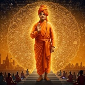 A majestic portrait of Swami Vivekananda in his iconic saffron robes standing atop the Chicago Art Institute steps, radiating golden spiritual energy. His posture is confident and powerful, right hand raised in his characteristic gesture of blessing. Behind him, a large, intricate mandala merges with modern city skylines. The mandala features contemporary youth silhouettes in meditation and study poses. The scene is split vertically - one half showing traditional elements (Sanskrit scriptures, temples, vedic symbols) and the other half showing modern elements (laptops, books, graduation caps). Floating lotus flowers transform into modern icons of technology and education. The color palette combines deep saffron, royal blue, and gold with modern metallic tones. The art style merges traditional Madhubani patterns in the borders with sleek digital art aesthetics. Swami's face shows his characteristic serene smile and penetrating eyes. The lighting creates a dramatic effect with soft golden rays emerging from behind him, symbolizing knowledge spreading into the modern world. The background features subtle Vedic mathematical patterns transforming into binary code.