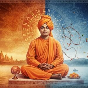 A serene portrait of Swami Vivekananda in his iconic saffron robes and turban, seated in deep meditation on a decorated marble platform. His face radiates divine peace with closed eyes and a subtle smile. Behind him, a large, ethereal clockface showing 9:10 fades into a cosmic background filled with swirling golden mandalas and lotus patterns. The scene is split vertically - the left side shows him in vibrant, warm colors with rays of sunlight, while the right side transitions into soft, misty blues with floating meditation beads and scattered marigold petals. A subtle silhouette of Belur Math reflects in a peaceful Ganges below. The art style combines hyperrealistic digital rendering with traditional Madhubani patterns in the borders. Atmospheric lighting creates a mystical glow around his figure, with barely visible Sanskrit verses floating in the aura. The overall mood is contemplative and transcendental, with a perfect balance of light and shadow suggesting the transition between earthly and spiritual realms.